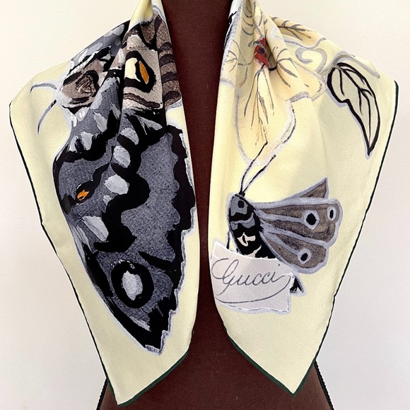 Gucci Scarf Logo Kris Knight Butterfly Flora Yellow Silk Wrap - Picture 1 of 12